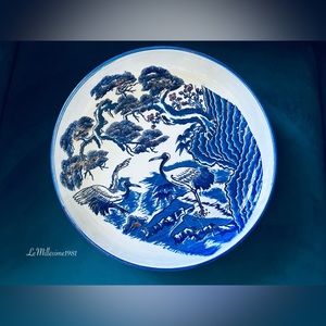 Vintage Asian Japanese Pottery White Blue Crane Bowl Platter Tray Fuji Tohki